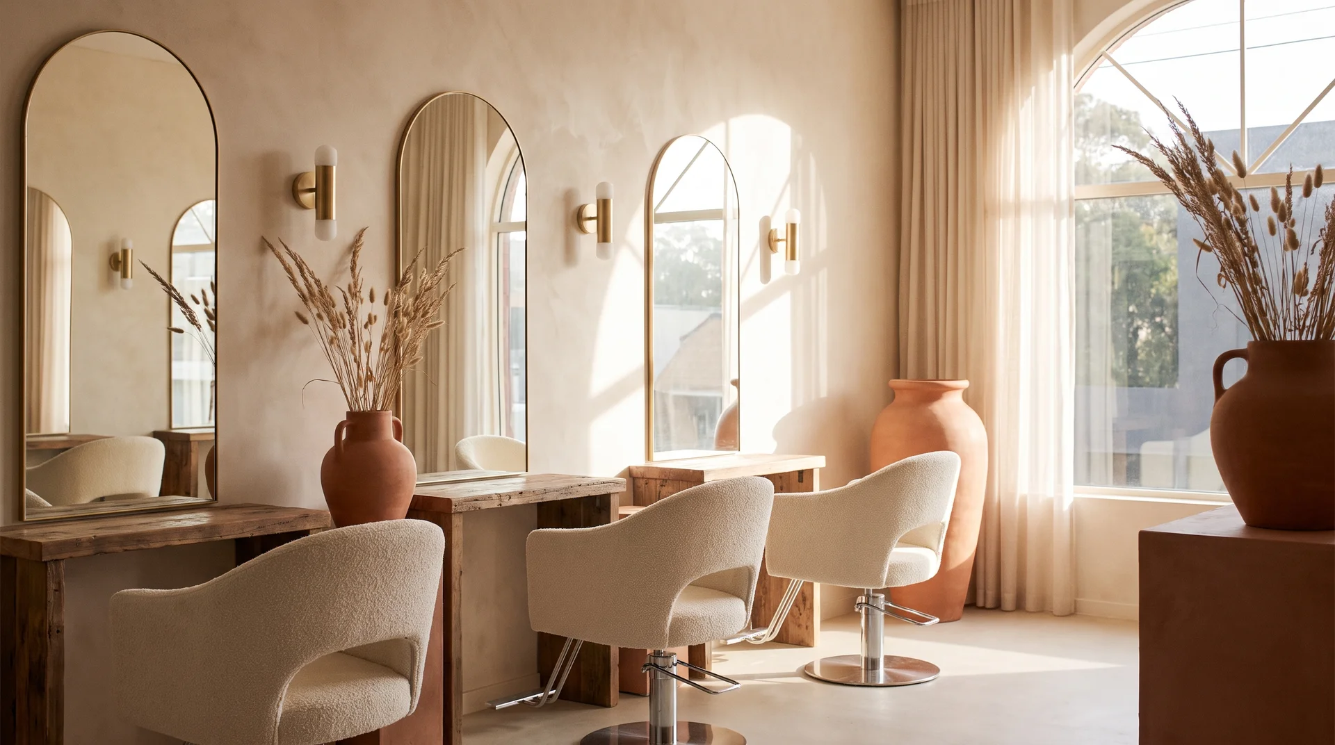 Warm minimalist salon interior with cream walls, arched brass mirrors, terracotta pots and bouclé chairs